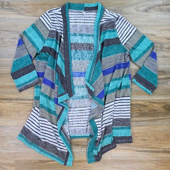 🔸️Blue, Teal, & Gray Striped Cascading Open Front Cardigan Kimono Large - Picture 4 of 12